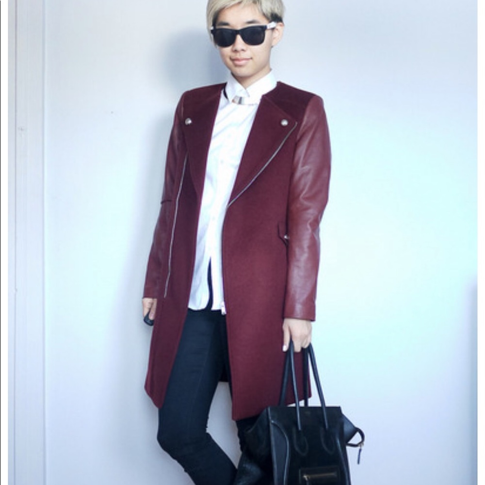 Zara burgundy wool leather sleeve coat
